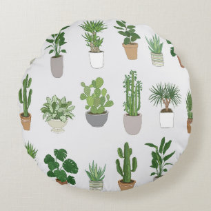 House plants, vintage doodle pattern round cushion