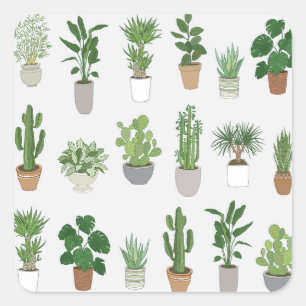 House plants, vintage doodle pattern square sticker