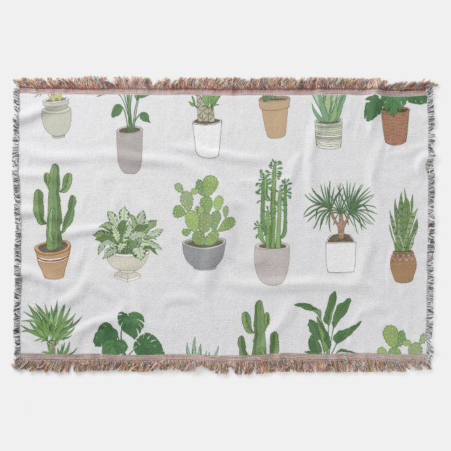 House plants, vintage doodle pattern throw blanket (Front)