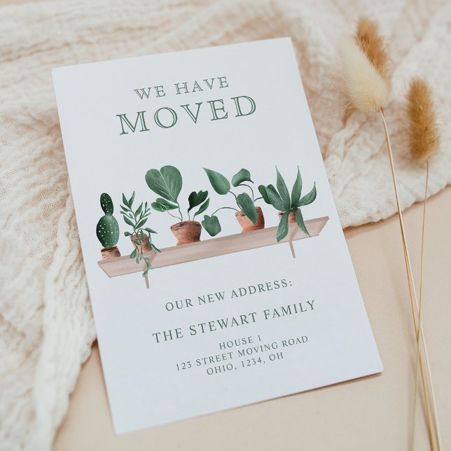 House plants watercolor shelf new home moving announcement postcard (House plants watercolor shelf new home moving announcement postcard)