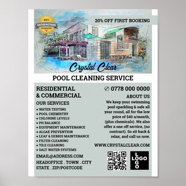 House Pool Sketch, Swimming Pool Cleaning Poster (Front)