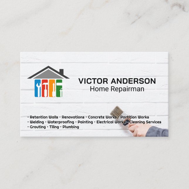 House Renovations Logo | Repairman Painting Bricks Business Card (Front)