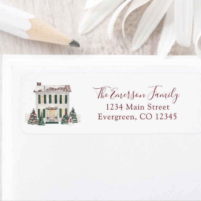 House Return Address Label (Watercolor Christmas Colonial House Personalized Return Address Label by Painted Paperie
)
