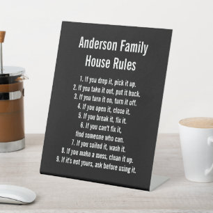 House Rules Black & White Text Family Name Pedestal Sign