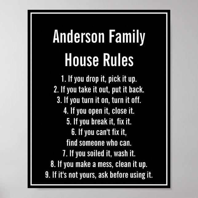 House Rules Black & White Text Family Name Poster (Front)