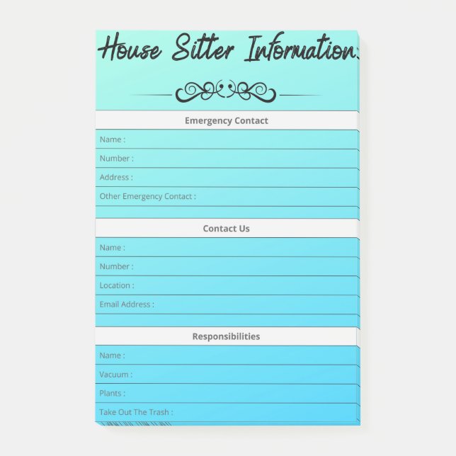 House Sitter Info Emergency, Contact & To-Do's Mag Post-it Notes (Front)