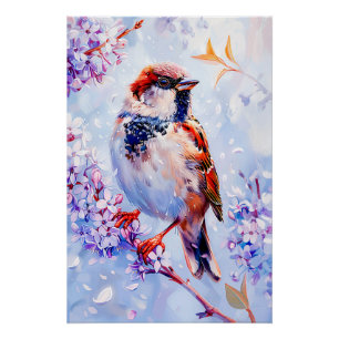 House Sparrow on a Branch Impressionist Art Poster