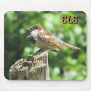 House Sparrow profile on stump with your initials Mouse Mat