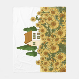 House Sunflowers Field Vintage Illustration Fleece Blanket
