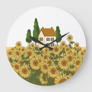 House Sunflowers Field Vintage Illustration Large Clock
