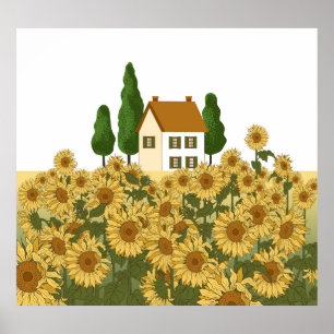 House Sunflowers Field Vintage Illustration Poster