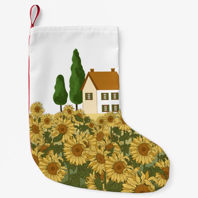 House Sunflowers Field Vintage Illustration Small Christmas Stocking (Front)
