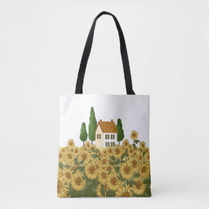 House Sunflowers Field Vintage Illustration Tote Bag