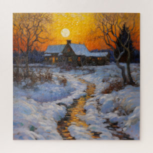House Sunset Winter Landscape Jigsaw Puzzle