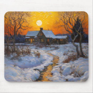 House Sunset Winter Landscape Mouse Mat