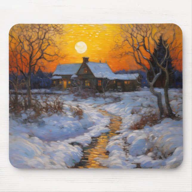 House Sunset Winter Landscape Mouse Mat (Front)