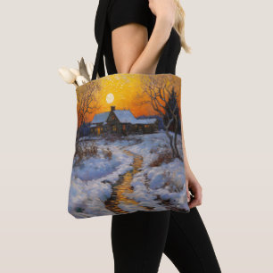 House Sunset Winter Landscape Tote Bag