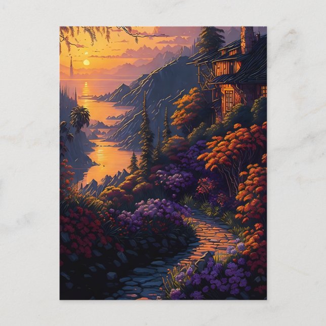 House Surrounded by Flowers and Mountains Postcard (Front)