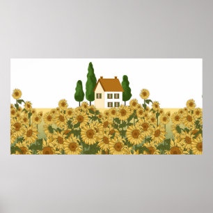 House, tall trees and a field of sunflowers in the poster