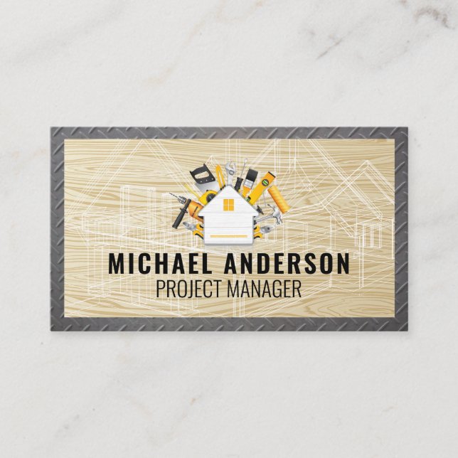 House Tools Logo | Blueprint Wood Steel Business Card (Front)
