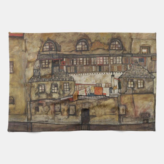 House Wall on River by Egon Schiele Tea Towel (Horizontal)