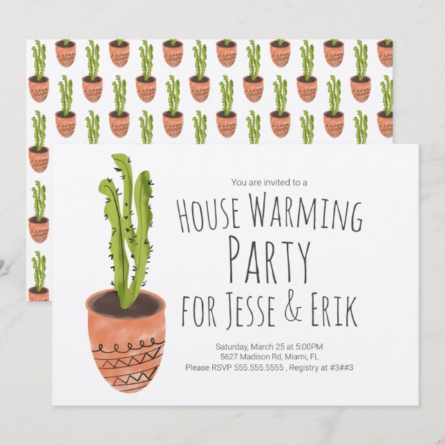 House Warming Party Cactus Plant Hand Drawn  Invitation (Front/Back)