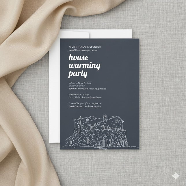 House warming party invitation (White drawn night House warming party invitation with message and details.)
