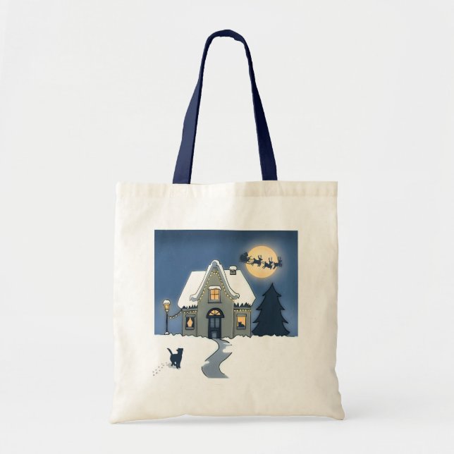 House with Cat on a Snowy Christmas Night Tote Bag (Front)