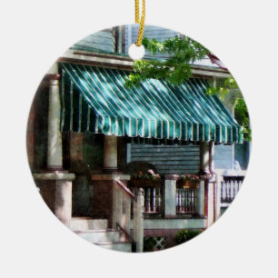 House With Green Striped Awning Ceramic Tree Decoration