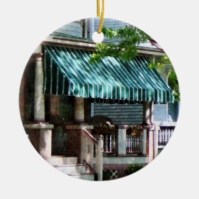 House With Green Striped Awning Ceramic Tree Decoration (Front)