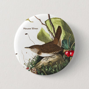 House Wren by John James Audubon, Birdwatcher Bird 6 Cm Round Badge