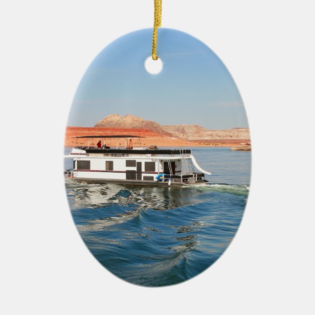 Houseboat making waves, Lake Powell, Arizona Ceramic Tree Decoration (Front)