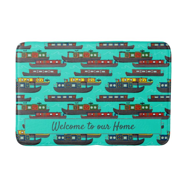 Houseboat Narrowboat Colourful Barges Patterned Bath Mat (Front)