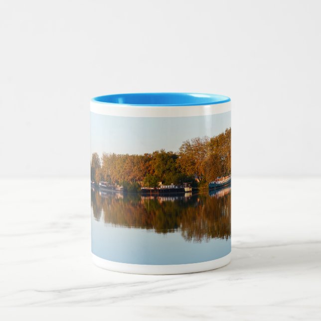 Houseboats on the river Rhone Two-Tone Coffee Mug (Center)
