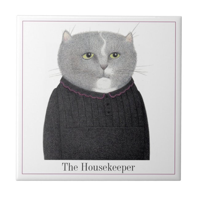 HOUSEKEEPER CAT 4.25" Square Ceramic Tile + Text (Front)