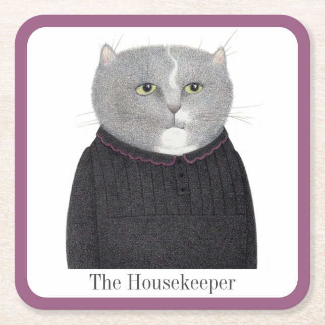 HOUSEKEEPER CAT Square Paper Coasters + Text (Front)
