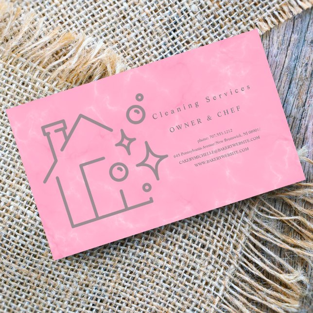 housekeeping Cartoon pink marble Cleaning Service Business Card (Creator Uploaded)