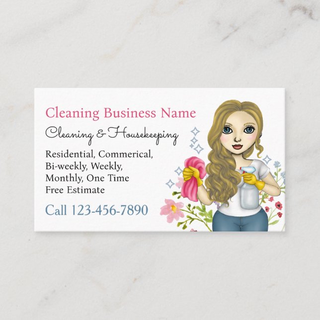 Housekeeping Maid Cleaning Services Floral Business Card (Front)