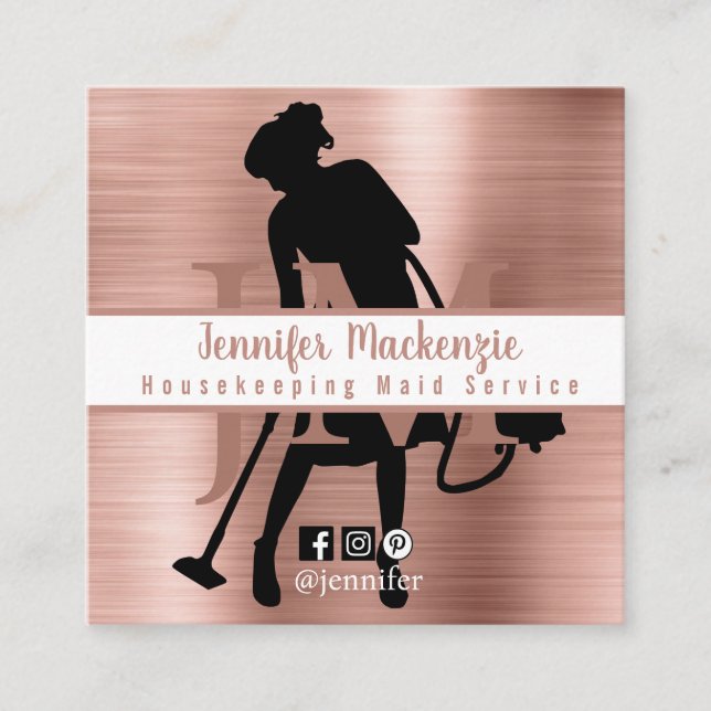 Housekeeping Maid Service Cleaning Rose Gold Square Business Card (Front)
