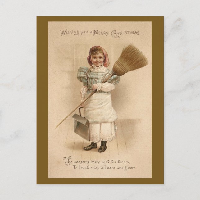 Housemaid with Broom Old Fashioned Christmas Holiday Postcard (Front)