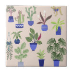 Houseplants Cactus Succulent Pattern Blush Pink Tile<br><div class="desc">Painting of house plants,  cacti and succulents in blue and white pots for indoor gardeners and crazy plant people.</div>