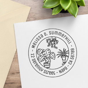 Houseplants Hobby Round Address Rubber Stamp