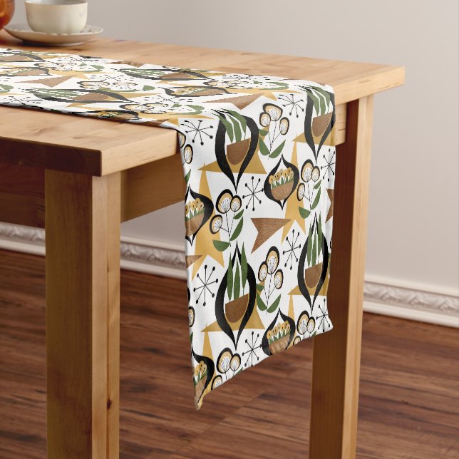 Houseplants in Wooden Bowls | Mid-Century Short Table Runner (In Situ)