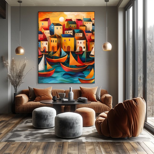 Houses and Boats: Folk and Naive Colorful Landscap Poster (Creator Uploaded)