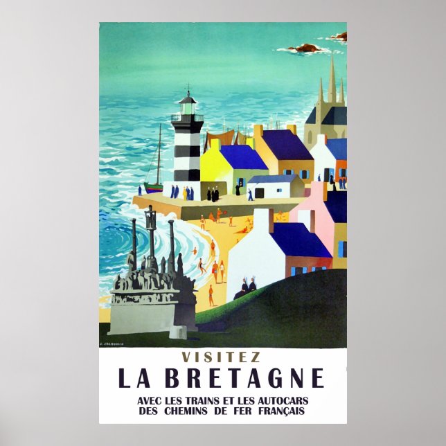 Houses and lighthouse on Brittany coast, France Poster (Front)