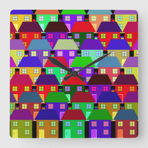 HOUSES COLORFUL HOME COMMUNITY   SQUARE WALL CLOCK