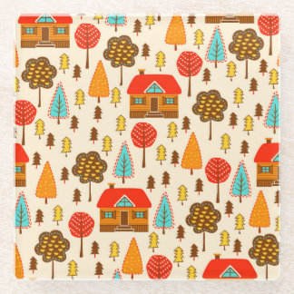 Houses Forest Vintage Seamless Pattern Glass Coaster