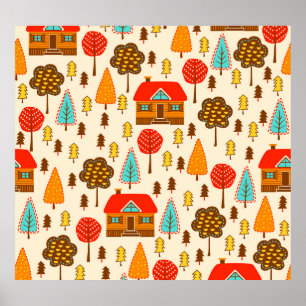 Houses Forest Vintage Seamless Pattern Poster
