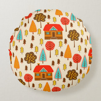 Houses Forest Vintage Seamless Pattern Round Cushion