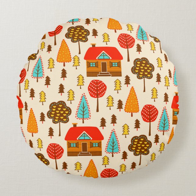 Houses Forest Vintage Seamless Pattern Round Cushion (Front)